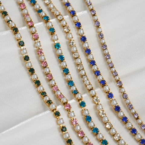 Women's 18K Gold Plated Stainless Steel Anklet Bracelet Set With Colorful Rhinestone And Artificial Pearl Tennis Chain