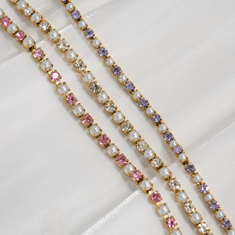Women's 18K Gold Plated Stainless Steel Anklet Bracelet Set With Colorful Rhinestone And Artificial Pearl Tennis Chain