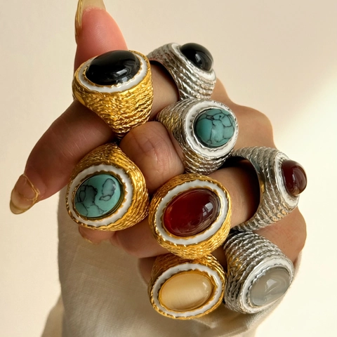 Vintage 18K Gold Plated Stainless Steel Oval Artificial Stone Statement Rings For Women Bohemian Hammered Finger Ring