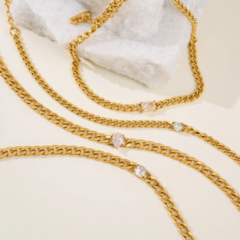Stainless Steel Zirconia Anklet Bracelet For Women Cuban Link Gold Silver Plated Water Drop Round Square Zirconia Fashion Jewelry