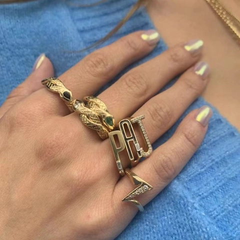 Vintage 18K Gold Plated Titanium Steel Snake Ring For Women Teardrop Zirconia Inlaid Animal Shape Statement Jewelry Ring