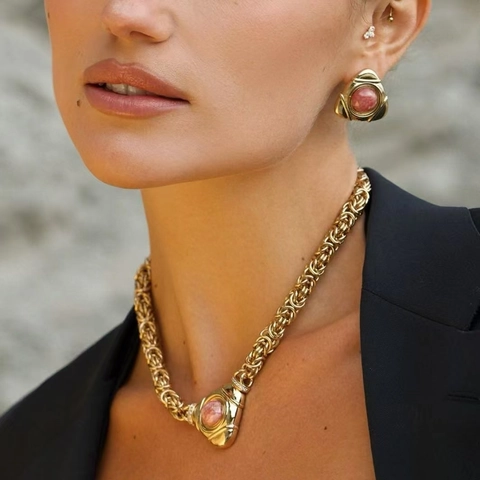 Vintage 18K Gold Plated Stainless Steel Geometric Triangle Pendant Necklace And Earrings Set With Zirconia For Women