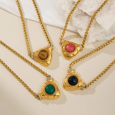 Vintage 18K Gold Plated Stainless Steel Geometric Triangle Pendant Necklace And Earrings Set With Zirconia For Women