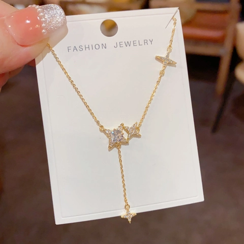 Fashion Zirconia Starburst Tassel Y Shaped Pendant Necklace For Women Elegant Copper 14K Gold Plated Star Charm Jewelry Gift