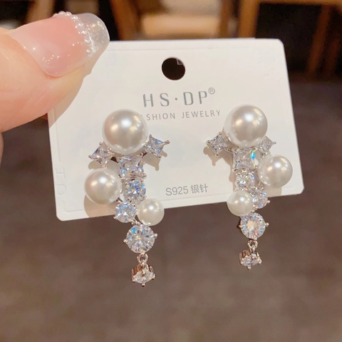 Boucles d'Oreilles Pendantes Élégantes Françaises en Zirconia et Perles Artificielles Avec Tige en Argent Sterling 925 Bijoux