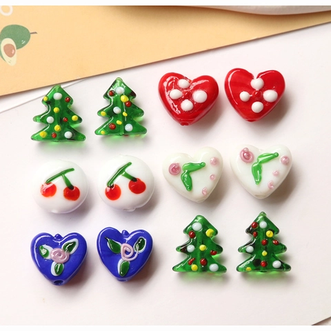 Colored Glaze Beads For Jewelry Making DIY Handmade Sweet Heart Cherry Christmas Tree Glazed Glass Beads Craft Decoration Accessory
