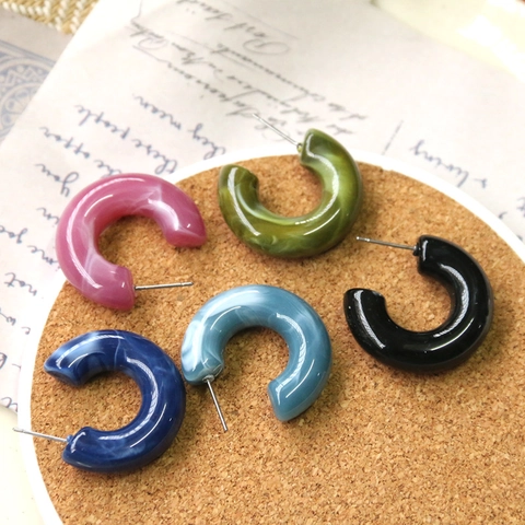 Orecchini a Bottone a Forma di C Vintage Con Perno in Argento Sterling 925 Motivo Marmorizzato Acrilico Gioielli Donna