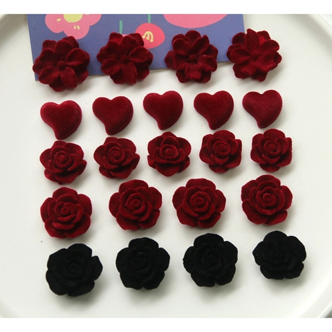 Korean Style Flocked 3D Flower Heart Resin Accessories For DIY Jewelry Making Rose Camellia Earring Hair Clip Materials