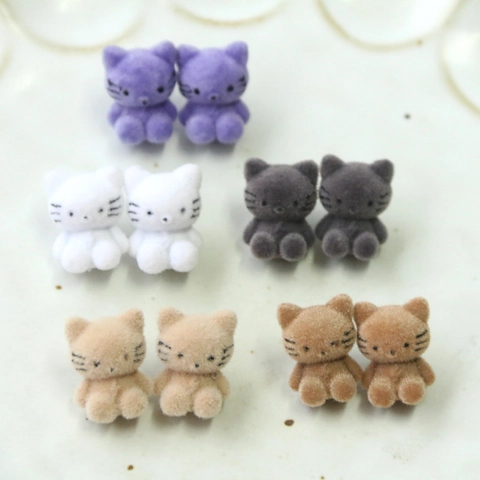 Pendientes de Botón de Gato Flocado Lindos Dibujos Animados Accesorios de Joyería DIY para Mujeres Niñas