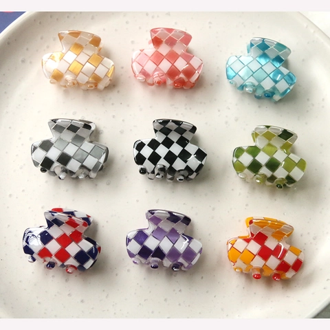 Mini Pince Crabe à Damier Vintage Acrylique Coloré Motif Grille Petit Clip à Cheveux Pour Femmes Filles Accessoire Quotidien