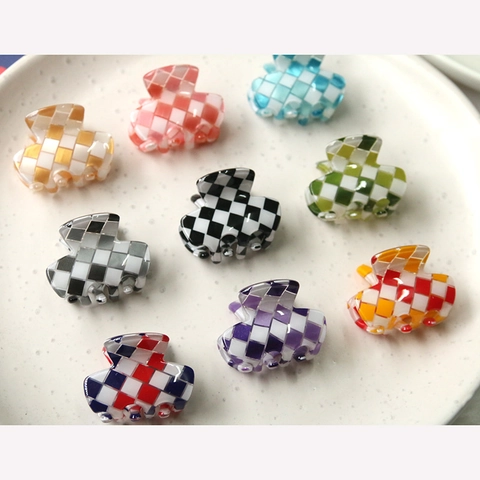 Mini Pince Crabe à Damier Vintage Acrylique Coloré Motif Grille Petit Clip à Cheveux Pour Femmes Filles Accessoire Quotidien