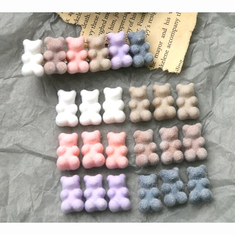 Mini Flocked Plush Bear Resin Charms DIY Accessories For Jewelry Making Hair Clip Phone Case Decoration Cute Bear Patches
