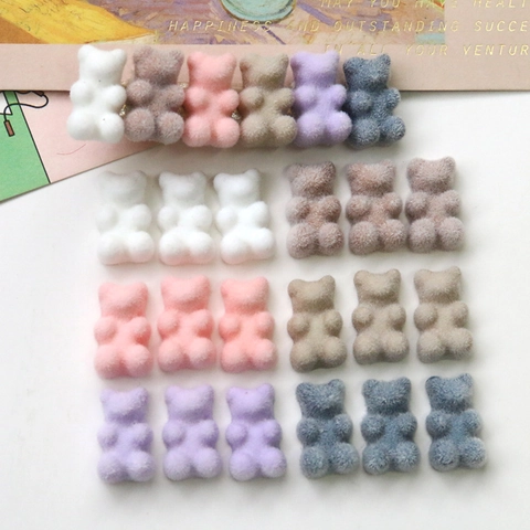 Mini Flocked Plush Bear Resin Charms DIY Accessories For Jewelry Making Hair Clip Phone Case Decoration Cute Bear Patches