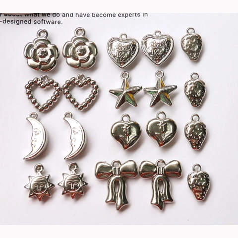Retro 3D Silver Plastic Resin Pendants Heart Star Moon Sun Strawberry Bow Charms DIY Jewelry Making Accessories For Earrings Hairpins Phone Case Material
