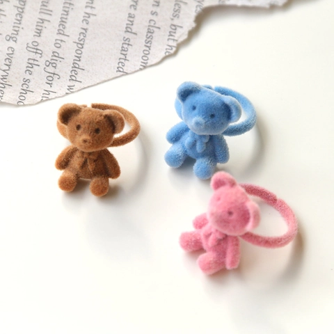 Flocked Teddy Bear Bowknot Adjustable Open Ring For Women Girls Klein Blue Wine Red Vintage Sweet Jewelry Finger Ring