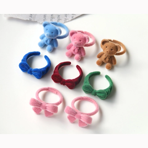 Flocked Teddy Bear Bowknot Adjustable Open Ring For Women Girls Klein Blue Wine Red Vintage Sweet Jewelry Finger Ring