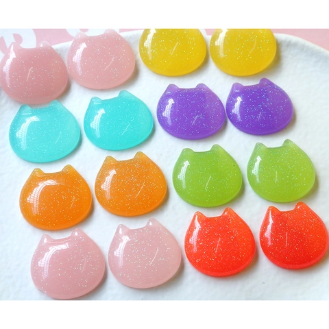 Amuletos de Resina con Cabeza de Gato Coloridos Cabujones Planos de Purpurina para Joyería Accesorios de Cabello Funda Teléfono