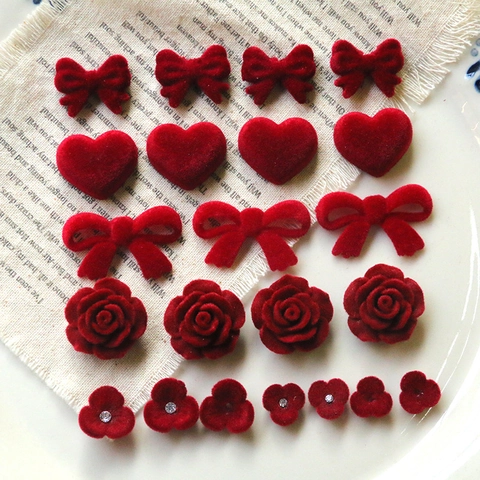 Red Flocked Acrylic Bow Heart Rose Flower DIY Jewelry Accessories For Earrings Phone Case Hair Decor Crafting Charms