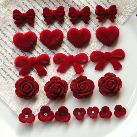 Red Flocked Acrylic Bow Heart Rose Flower DIY Jewelry Accessories For Earrings Phone Case Hair Decor Crafting Charms