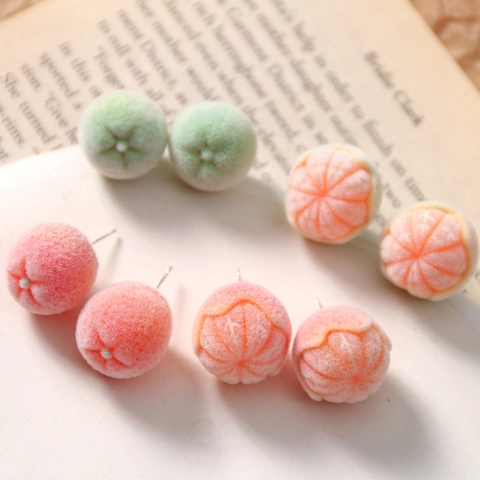 Cute Flocked Resin Orange Fruit Stud Earrings With Silver Earring Post Autumn Winter Fashion Peach Lime Jewelry For Women