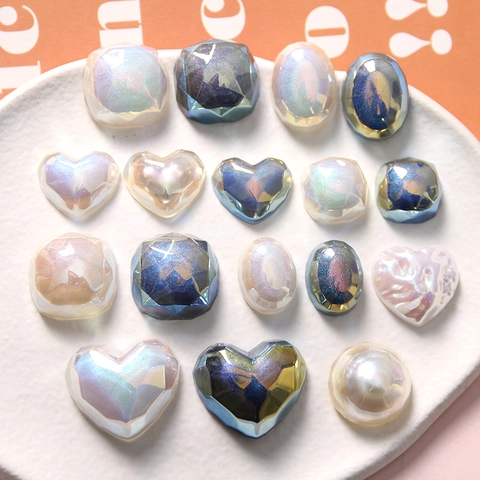 Japanese Style Artificial Mabe Pearl Heart Square Oval Resin Beads Aurora Holographic Flatback Cabochons For DIY Jewelry