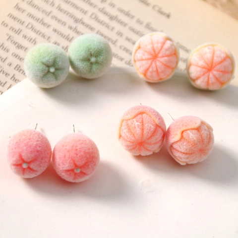 Cute Flocked Resin Orange Fruit Stud Earrings With Silver Earring Post Autumn Winter Fashion Peach Lime Jewelry For Women