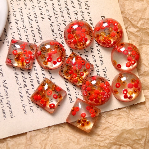 Minimalist Transparent Resin Cabochons With Red Amber Beads Round Square Shapes DIY Jewelry Making Craft Accessories