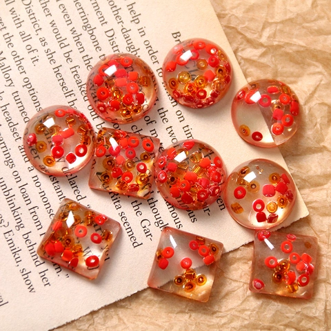 Minimalist Transparent Resin Cabochons With Red Amber Beads Round Square Shapes DIY Jewelry Making Craft Accessories
