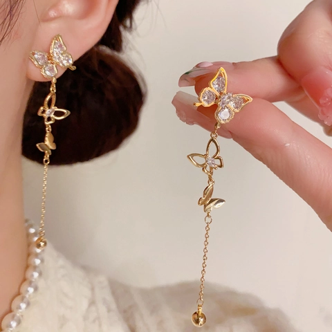 Fashion Copper Butterfly Tassel Drop Earrings With 925 Sterling Silver Earring Post Elegant Rhinestone Earrings For Women