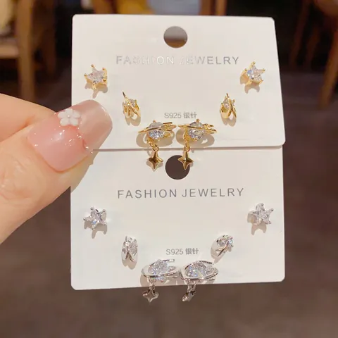 Planet Star Rhinestone Stud Earrings Set With 925 Sterling Silver Post Real Gold Plated Copper Commuting Jewelry For Women