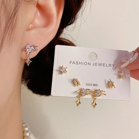 Planet Star Rhinestone Stud Earrings Set With 925 Sterling Silver Post Real Gold Plated Copper Commuting Jewelry For Women