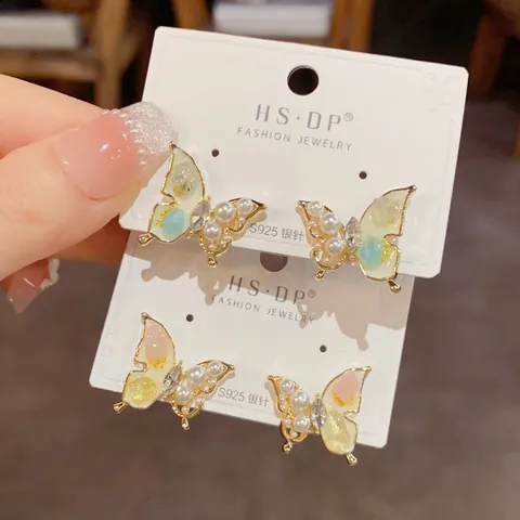Elegante Schmetterling Ohrstecker Mit 925 Sterling Silber Ohrstecker-Stift Künstliche Perle Zirkonia Eingelegt Vergoldet Damen Schmuck