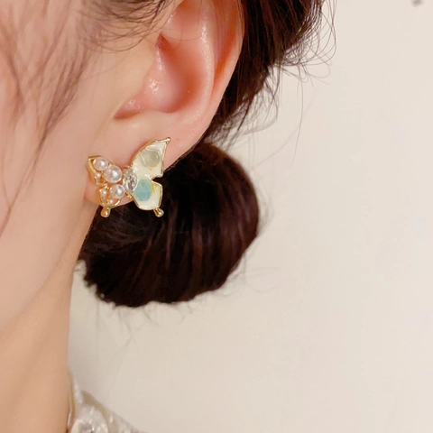 Elegante Schmetterling Ohrstecker Mit 925 Sterling Silber Ohrstecker-Stift Künstliche Perle Zirkonia Eingelegt Vergoldet Damen Schmuck