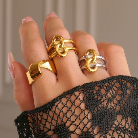 Minimalist 18K Gold Plated Stainless Steel Interlocking Double Layer Knot Ring For Women Fashion INS Style Jewelry Ring