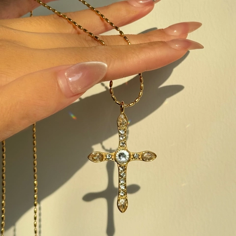 Luxury 18K Gold Plated Stainless Steel Cross Pendant Necklace For Women Rhinestone Inlaid Bead Chain Fashion Jewelry