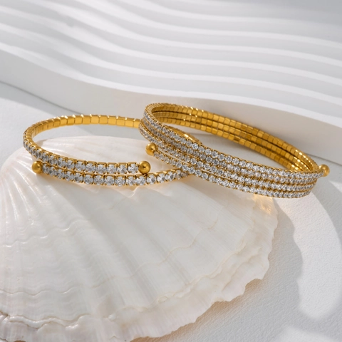18K Gold Plated Stainless Steel Spiral Wrap Bangle With Rhinestone Multi Row Tennis Bracelet For Women Party Jewelry