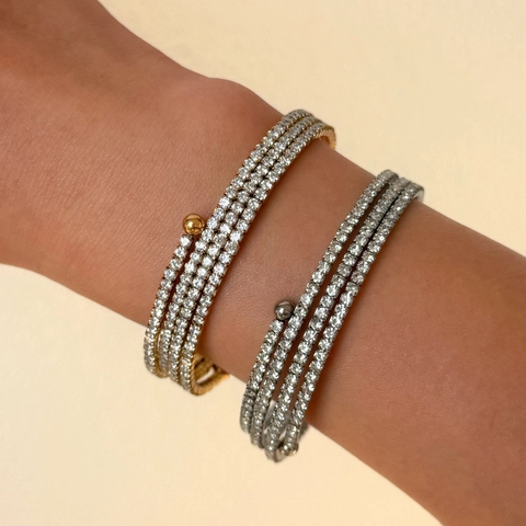 18K Gold Plated Stainless Steel Spiral Wrap Bangle With Rhinestone Multi Row Tennis Bracelet For Women Party Jewelry