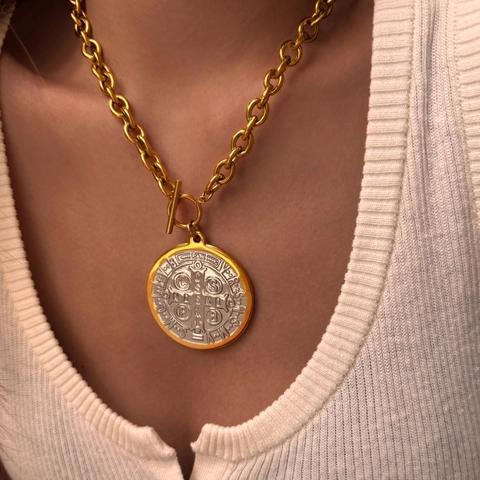 Titanium Steel 18K Gold Plated St Benedict Medal Pendant Necklace Retro Two Tone Toggle Clasp Chunky Chain Women Jewelry