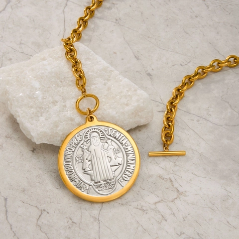 Titanium Steel 18K Gold Plated St Benedict Medal Pendant Necklace Retro Two Tone Toggle Clasp Chunky Chain Women Jewelry