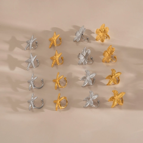 Fashion 18K Gold Plated Stainless Steel Starfish Sea Flower Ear Cuff Stud Earrings Summer Ocean Style Jewelry For Women