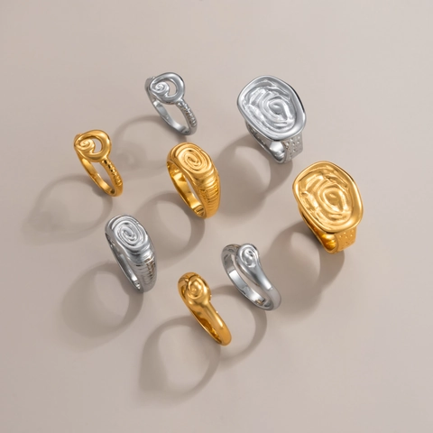 Titanium Steel Ring 18K Gold Plated Minimalist Irregular Swirl Lava Texture Heart Tai Chi Stackable Rings For Women Unisex Jewelry