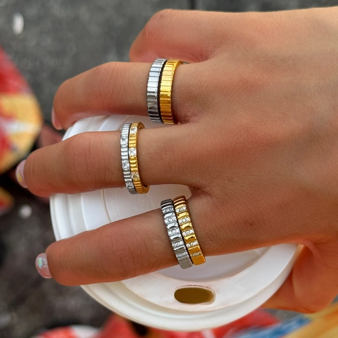 18K Gold Plated Stainless Steel Ring For Women Hip Hop Stackable Micro Inlaid Zirconia Striped Ribbed Texture Finger Ring Jewelry
