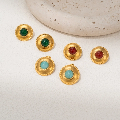 Vintage Stainless Steel Round Stud Earrings With 18K Gold Plating French Retro Twisted Rope Artificial Pearl Stone Jewelry