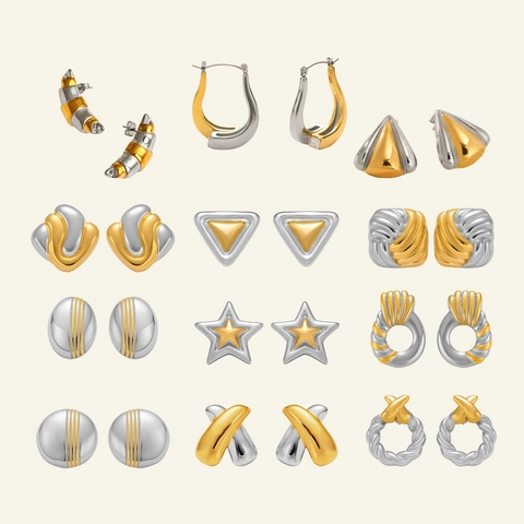 Boucles d'Oreilles Vintage en Acier Inoxydable Bicolore Or Argent 18K pour Femmes Étoile Géométrique Forme de Carambole