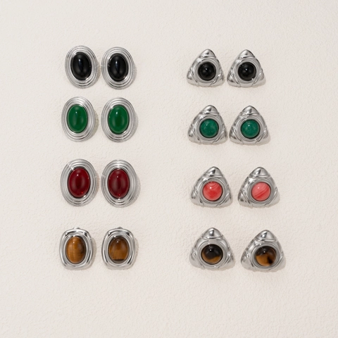 Vintage Edelstahl Geometrische Ohrstecker Damen Oval Dreieck Eingelegt Künstlicher Achat Tigerauge Stein Retro Schmuck