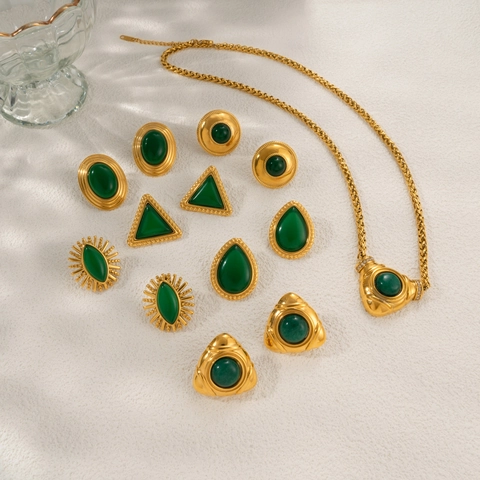 Joyería Vintage Acero Inoxidable Oro 18K Collar Gema Verde Pendientes Diamante Imitación Accesorio Mujer Lujo Geométrico