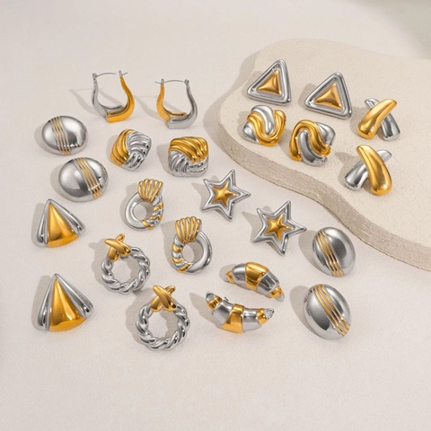 Boucles d'Oreilles Vintage en Acier Inoxydable Bicolore Or Argent 18K pour Femmes Étoile Géométrique Forme de Carambole