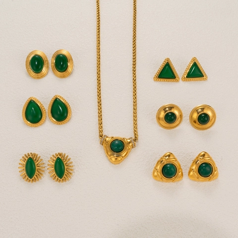 Joyería Vintage Acero Inoxidable Oro 18K Collar Gema Verde Pendientes Diamante Imitación Accesorio Mujer Lujo Geométrico