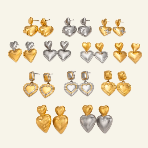 Vintage 18K Gold Plated Stainless Steel Heart Dangle Earrings Two-tone Gold Silver Pave Heart Earrings For Women Daily Party