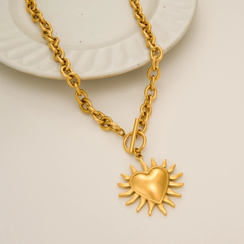 Set Gioielli Cuore Raggi di Sole Acciaio Inossidabile Hip Hop Catena Grossa Collana a Scomparsa Orecchini Oro 18K Donna